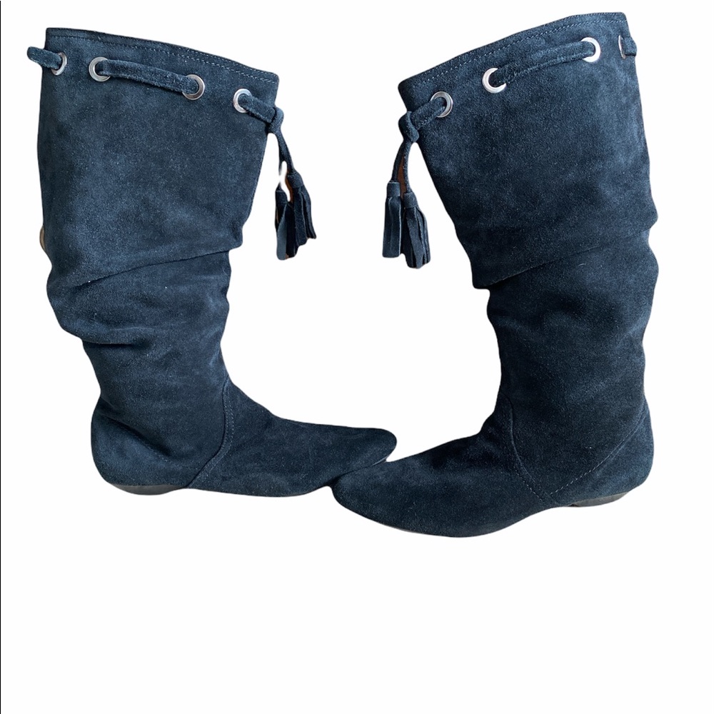 Arturo Chiang Black Sued Fringe Knee High Boots